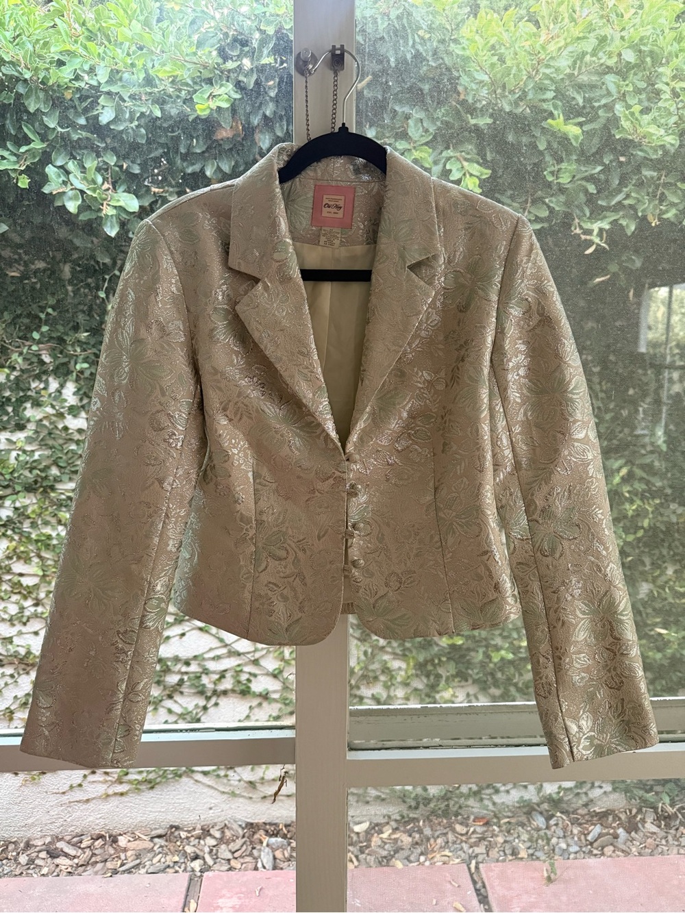 Y2K Vintage 2005 Old Navy Metallic Silver Floral Brocade Cropped Evening Blazer